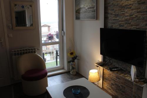 a living room with a television and a window at Belgrade Waterfront studio in Sajmište