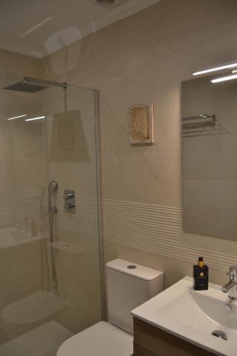 a bathroom with a shower and a toilet and a sink at Beach and Golf House Sotogrande - Torreguadiaro in Torreguadiaro