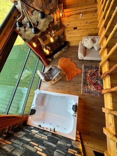 uma vista superior de uma sala de estar com um frigorífico em Moni Suit Bungalov em Rize
