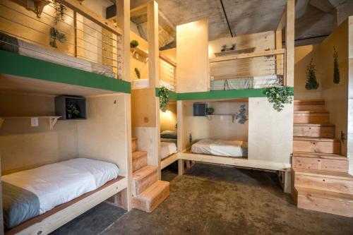 two bunk beds in a room with wooden walls at PodShare Hollywood in Los Angeles