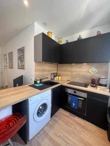 une cuisine avec une machine à laver et un évier dans l'établissement Charmant studio alle porte di Monte-Carlo, à Beausoleil
