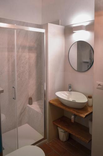a bathroom with a shower and a sink and a mirror at Il Bosco del Lebbio in Montaione