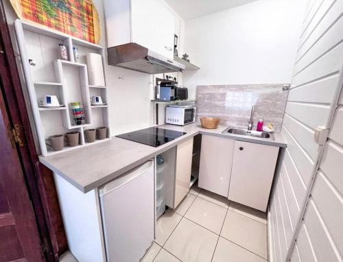 uma pequena cozinha com armários brancos e um lavatório em Douce promenade en ville sur le port de pêche au poisson em Pointe-à-Pitre