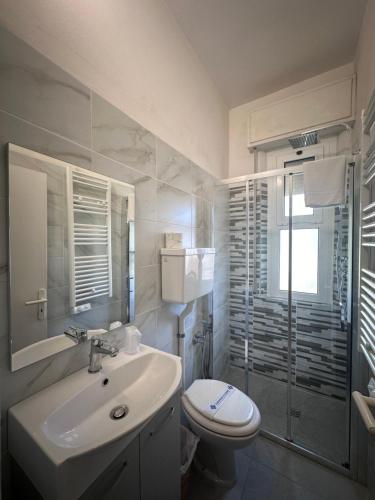 La salle de bains est pourvue d'un lavabo, de toilettes et d'une douche. dans l'établissement Hotel Ilde, à Rimini