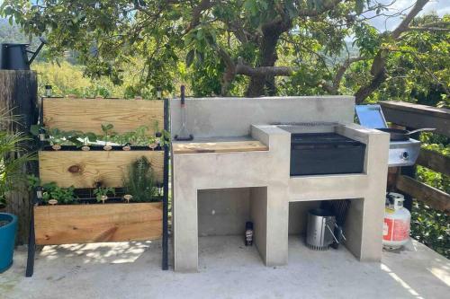 a outdoor kitchen with a grill and some plants at Villa Tesoro at Carabali in Luquillo