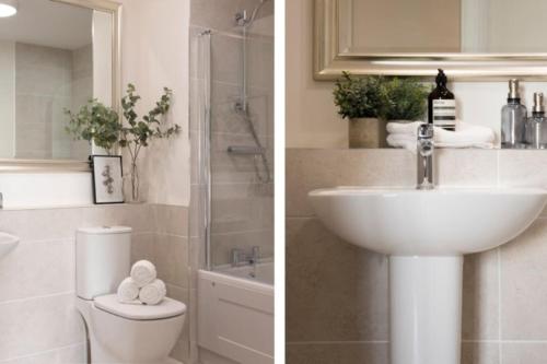 twee foto's van een badkamer met wastafel en toilet bij Stylish Large Flat in perfect location with Private Balcony and Sea View in Dublin 5 in Dublin