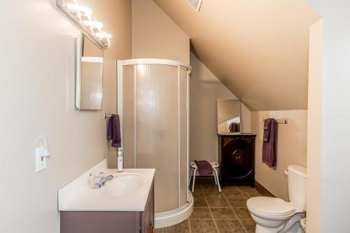 a bathroom with a sink and a shower and a toilet at Mountain Ash Farm Country Manor in Creemore