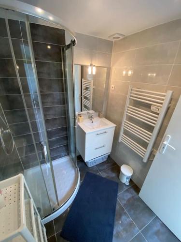 ein Bad mit einer Dusche und einem Waschbecken in der Unterkunft Logement Lumineux - Leuville-sur-Orge in Leuville-sur-Orge