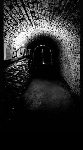 a black and white photo of a tunnel at el oráculo. cava de vinos. unión club in El Sauce