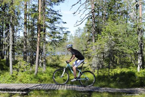 a man riding a bike on a bridge at Orsa Grönklitt in Orsa