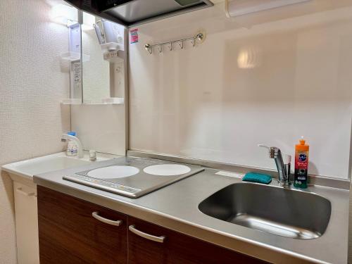 a bathroom counter with a sink and a mirror at KANAU in Tokyo