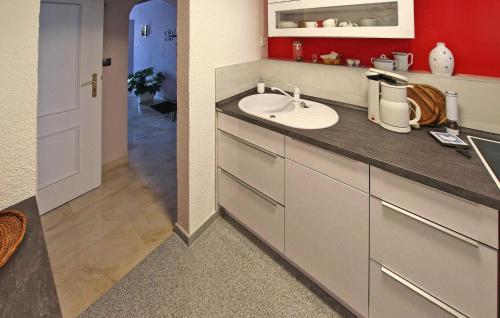 La salle de bains est pourvue d'un lavabo et d'un mur rouge. dans l'établissement Lovely Apartment In Rheinsberg Ot Flecken With Kitchen, à Flecken Zechlin