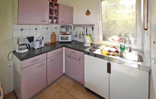 a kitchen with purple cabinets and a sink and a window at 2 Bedroom Lovely Home In Rheinsberg Ot Warenthi in Warenthin