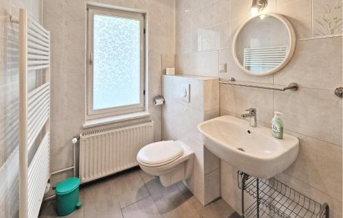 La salle de bains est pourvue de toilettes, d'un lavabo et d'un miroir. dans l'établissement Pet Friendly Apartment In Blankensee With Kitchen, à Blankensee