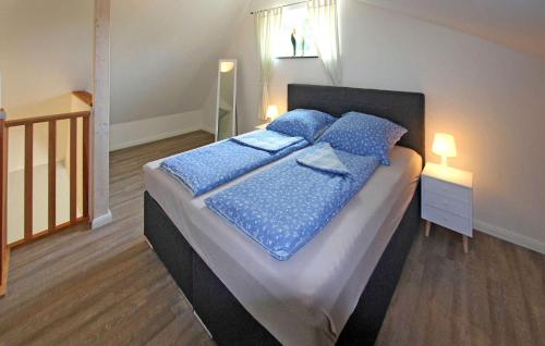 a bedroom with a large bed with blue sheets and pillows at Beautiful Home In Klink With Wifi in Klink