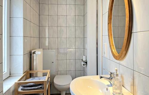 a bathroom with a sink and a toilet and a mirror at Pet Friendly Apartment In Eldetal Ot Wredenhagen With Kitchen in Wredenhagen