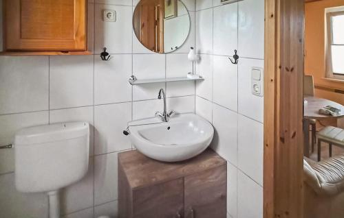 ein Badezimmer mit einem Waschbecken, einem WC und einem Spiegel in der Unterkunft Beautiful Home In Mnkebude With Kitchen in Mönkebude