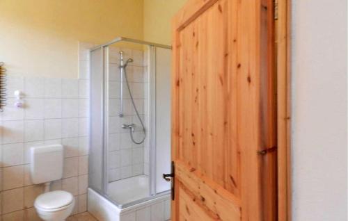a bathroom with a shower and a toilet and a door at Pet Friendly Apartment In Boitzenburger Land Ot With Kitchen in Rosenow
