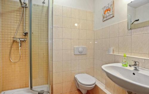 y baño con ducha, aseo y lavamanos. en Cozy Home In Waren mritz With Wifi en Waren