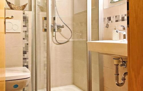 La salle de bains est pourvue d'une douche, de toilettes et d'un lavabo. dans l'établissement Lovely Apartment In Petersdorf With Kitchen, à Petersdorf