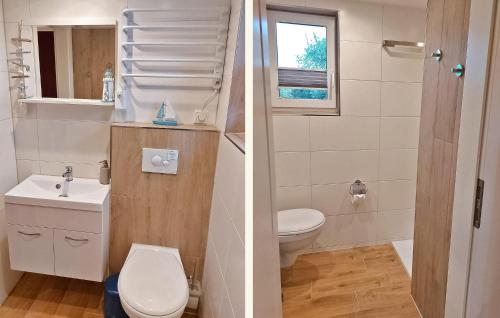 two pictures of a bathroom with a toilet and a sink at 1 Bedroom Gorgeous Home In Feldberger Seenlandsch in Dolgen