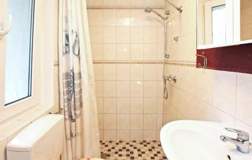 W łazience znajduje się prysznic, umywalka i toaleta. w obiekcie Amazing Home In Rheinsberg Ot Kagar With Kitchen w mieście Kagar