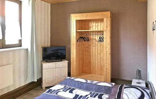 Schlafzimmer mit einem Bett, einem TV und einem Schrank in der Unterkunft Awesome Apartment In Mirow Ot Roggentin With Wifi in Roggentin