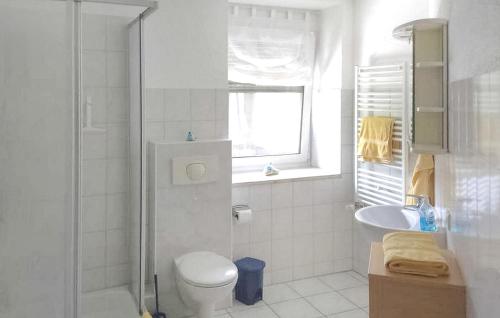 uma casa de banho com um chuveiro, um WC e um lavatório. em 1 Bedroom Nice Apartment In Waren mritz em Waren