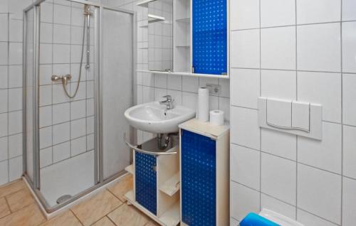 a bathroom with a sink and a shower at Lovely Apartment In Walow Ot Strietfeld With Lake View in Strietfeld