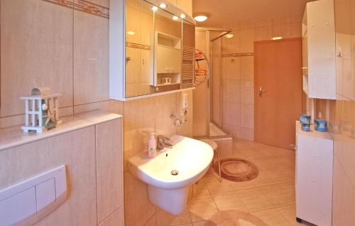 La salle de bains est pourvue d'un lavabo blanc et de toilettes. dans l'établissement Lovely Apartment In Neustrelitz With Kitchen, à Neustrelitz