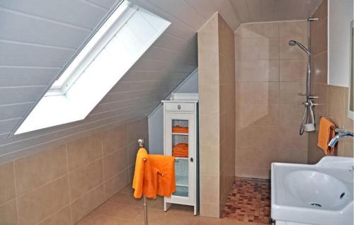 een badkamer met een douche, een wastafel en een dakraam bij 1 Bedroom Beautiful Apartment In Grnow in Blankensee