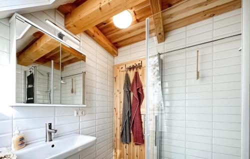 a bathroom with a sink and a wooden door at Ferienhaus Altwarp in Altwarp