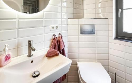 a bathroom with a sink and a toilet at Ferienhaus Altwarp in Altwarp