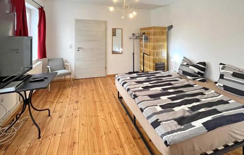 a bedroom with a bed and a desk and a television at 3 Bedroom Pet Friendly Apartment In Eldetal Ot Wredenhagen in Wredenhagen