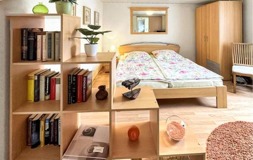 a bedroom with a bed and a book shelf with books at 1 Bedroom Awesome Apartment In Ueckermnde seebad in Neuendorf