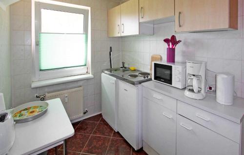 a white kitchen with a microwave and a sink at Beautiful Apartment In Mirow Ot Qualzow With Wifi in Qualzow