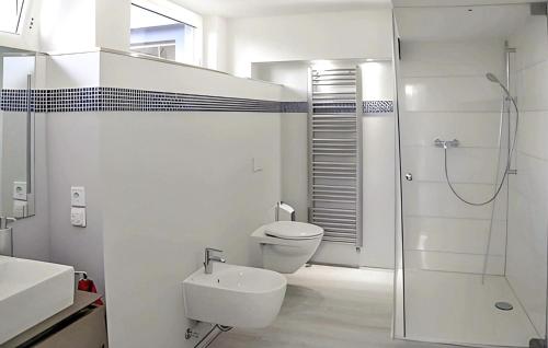 a bathroom with a toilet and a sink and a shower at Amazing Home In Neubrandenburg With Wifi in Neubrandenburg