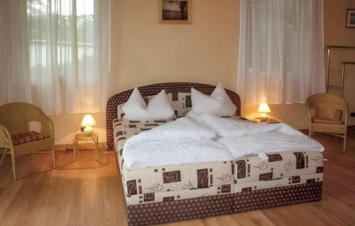 a bedroom with a large bed with pillows on it at Nice Home In Boitzenburger Land Ot With Kitchen in Rosenow