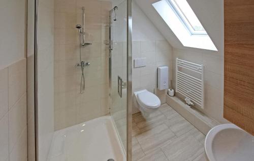 a bathroom with a shower and a toilet and a sink at Amazing Apartment In Mirow With Kitchen in Mirow