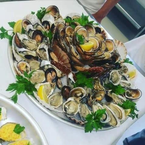a platter of oysters on a plate on a table at appartamenti del pescatore in Savelletri di Fasano
