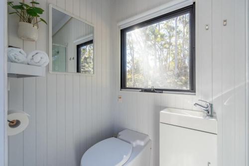 a bathroom with a toilet and a sink and a window at Wallaby Cabin in Crackenback