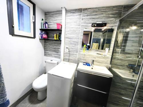 une salle de bain avec toilettes, lavabo et douche dans l'établissement Villa 4 pers avec Jardin, Piscine & Parking à 15 min de la Plage - FR-1-607-189, au Cap d'Agde