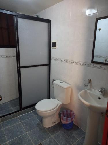 a bathroom with a toilet and a sink at Hostal Venegas in Copacabana