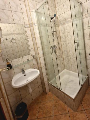 a bathroom with a shower and a sink at Starówka Boutique Hostel Cieszyn Centrum in Cieszyn