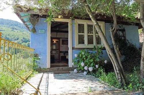 a blue house with a window and a door at Nisanyan Hotel in Selcuk