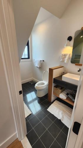 a bathroom with a toilet and a sink at Ultra Convenient East Boston Luxury Condo in Boston