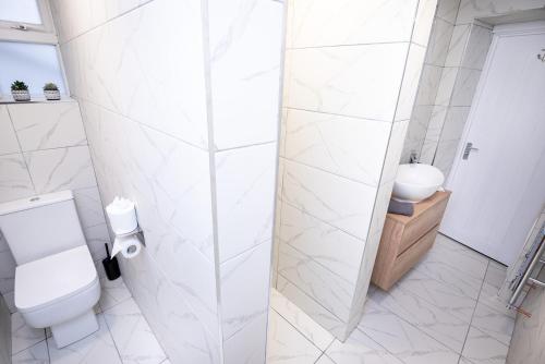 a white bathroom with a toilet and a sink at Kings Arms Suites - Luxury Double - Waterfall Shower - Self Check In in Whitehaven