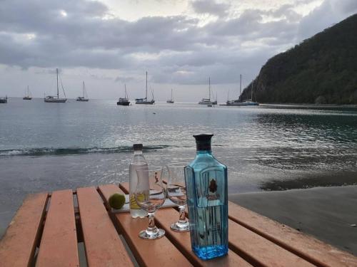a bottle and glasses sitting on a table near the water at Appartement élégant à Deshaies avec terrasse privée, 80 m². in Deshaies