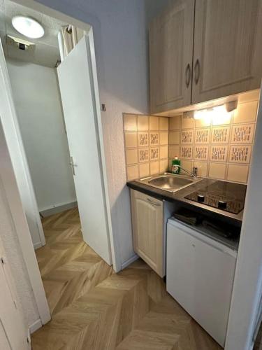 une petite cuisine avec un évier et un réfrigérateur dans l'établissement Studio Cure Thermale Dax - proche parking, à Dax