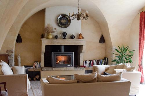 a living room with a couch and a fireplace at Chambres d'hôtes - Le Mas du Colombeyras in Espeluche